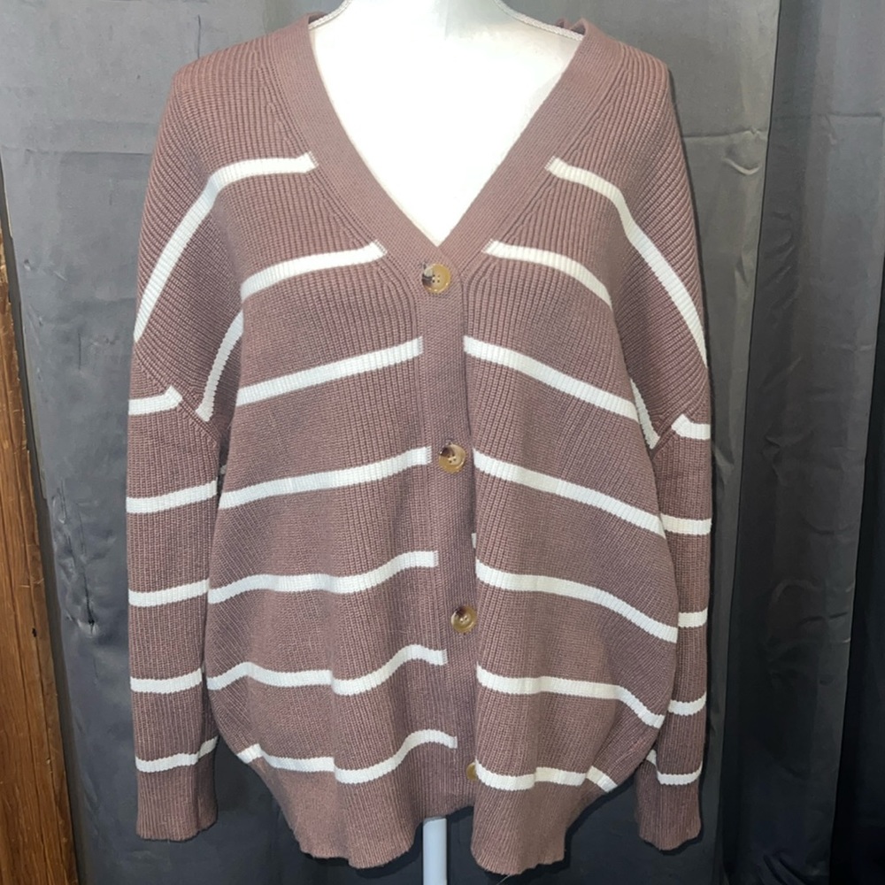 Taupe brown/off white stripes cardigan button up front size Large